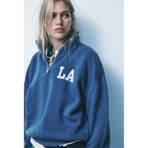 Zara Womens LA Graphic Quarter Zip Sweatshirt Blue Oversized Pullover Size L